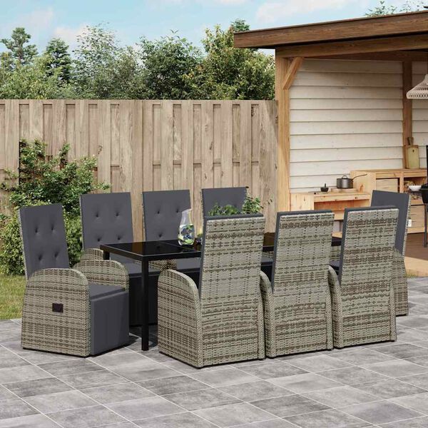 vidaXL Garden Dining Set with Cushion 9 pcs Grey Poly Rattan