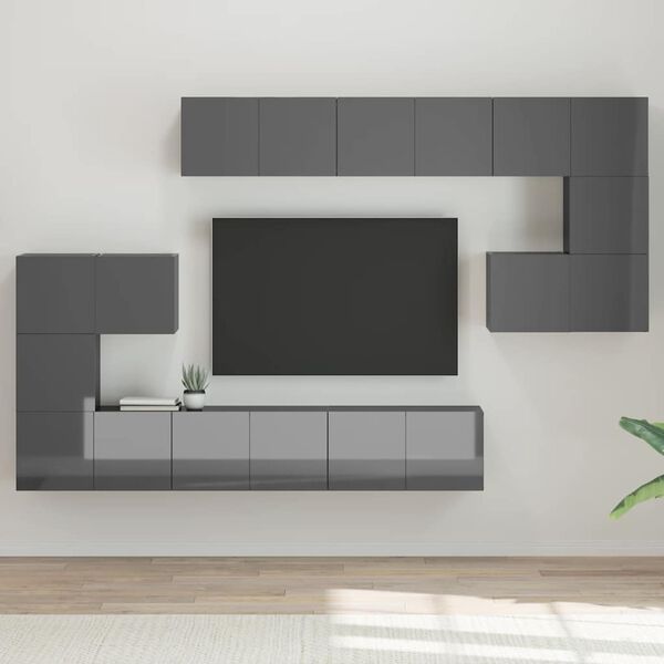 vidaXL 10 Piece TV Cabinet Set High Gloss Grey Engineered Wood