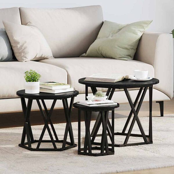 vidaXL Nesting Side Table 3 pcs Black Oak Engineered Wood and Steel