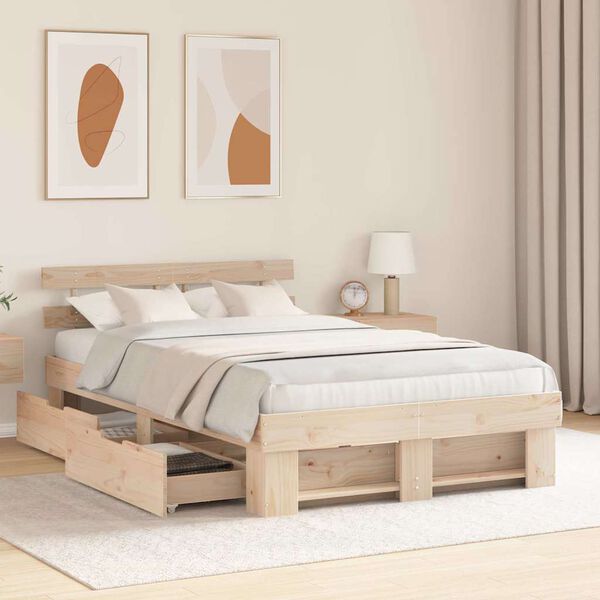 vidaXL Bed Frame with Headboard Brown 140 x 190 cm Solid Pine Wood