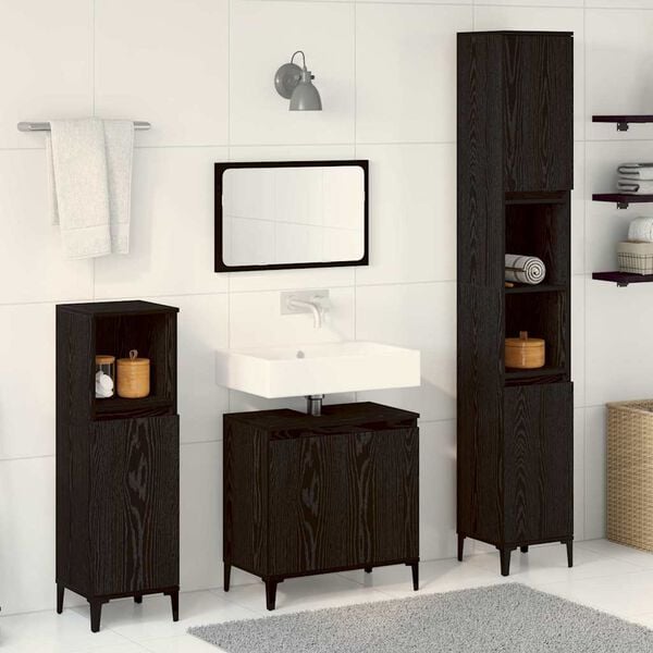 vidaXL Bathroom Furniture Set Wall-mounted with Door 3 pcs Black Oak