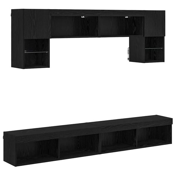 vidaXL TV Wall Units with LED 6 pcs Black Oak Engineered Wood