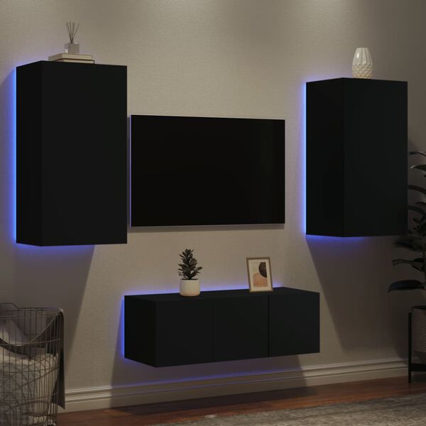 vidaXL 4 Piece TV Wall Units with LED Black Engineered Wood