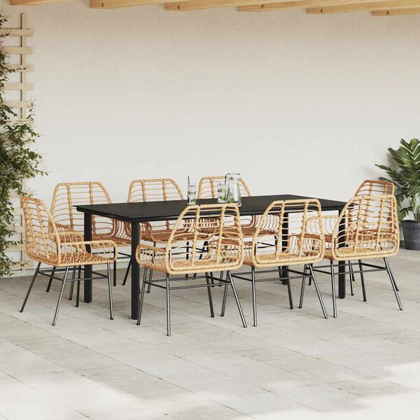 vidaXL 9 Piece Garden Dining Set Brown Poly Rattan Glass