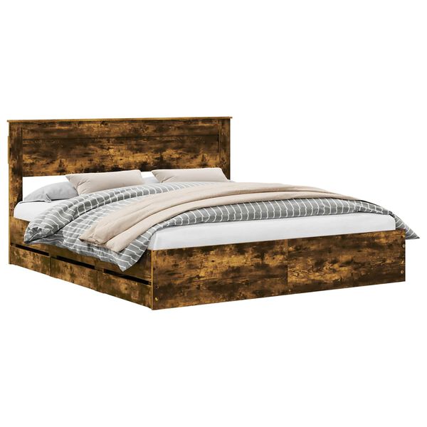 vidaXL Bed Frame with Drawer Smoked Oak 200 x 200 cm Engineer Wood