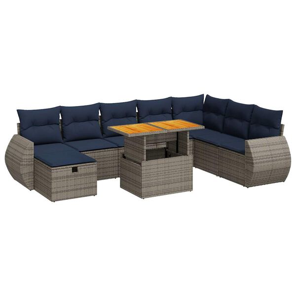 vidaXL 9 Piece Garden Sofa Set with Cushions Grey Poly Rattan Acacia