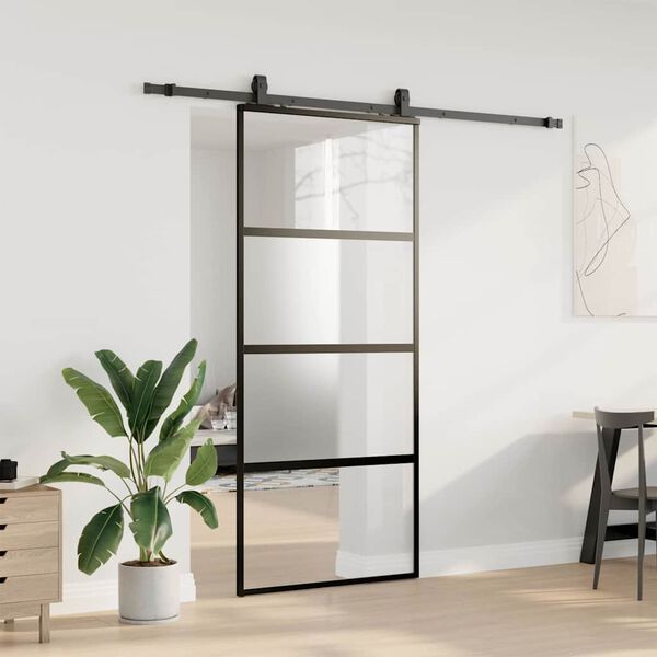 vidaXL Sliding Door with Hardware Set Black 90x205 cm Tempered Glass
