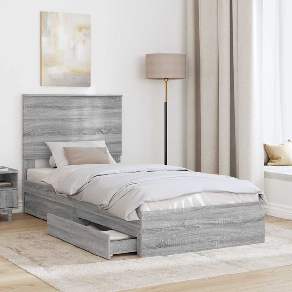 vidaXL Storage Bed with Drawer Grey Sonoma 90 x 200 cm Engineered Wood