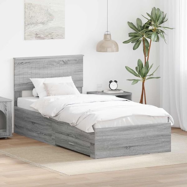 vidaXL Bed Frame with Drawer Grey Sonoma 90 x 190 cm Engineered Wood