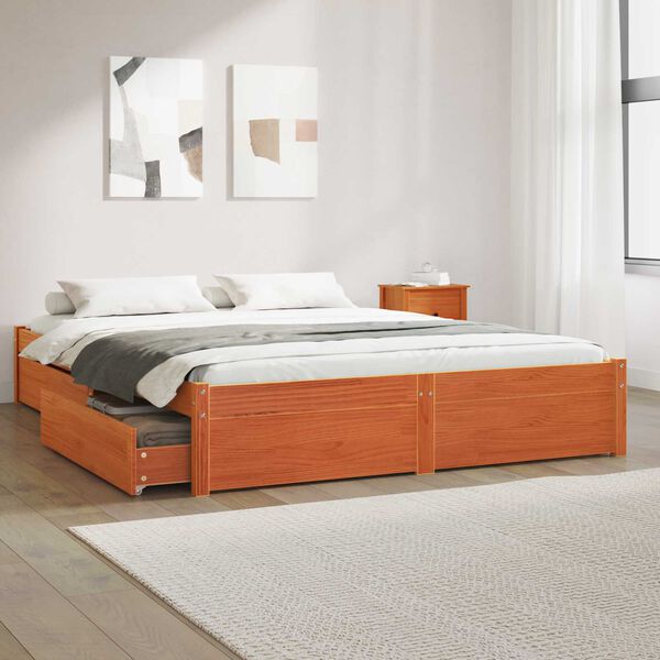 vidaXL Bed Frame with Drawer Wax Brown 160 x 200 cm Solid Pine Wood