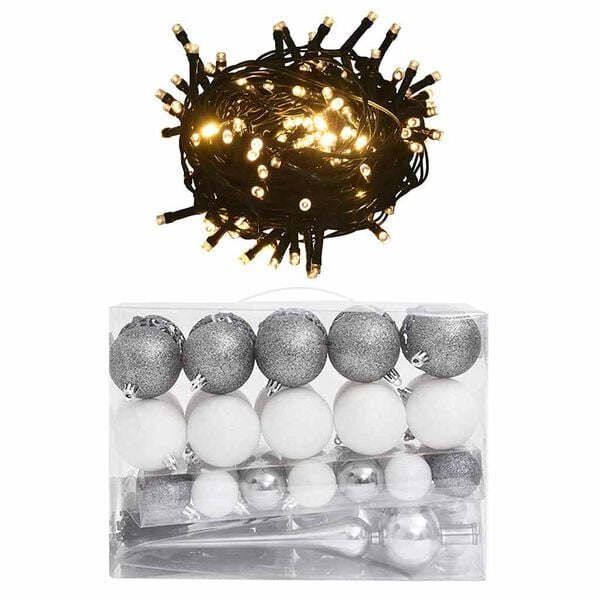 vidaXL 60 Piece Christmas Ball Set with Peak and 150 LEDs White&Gey