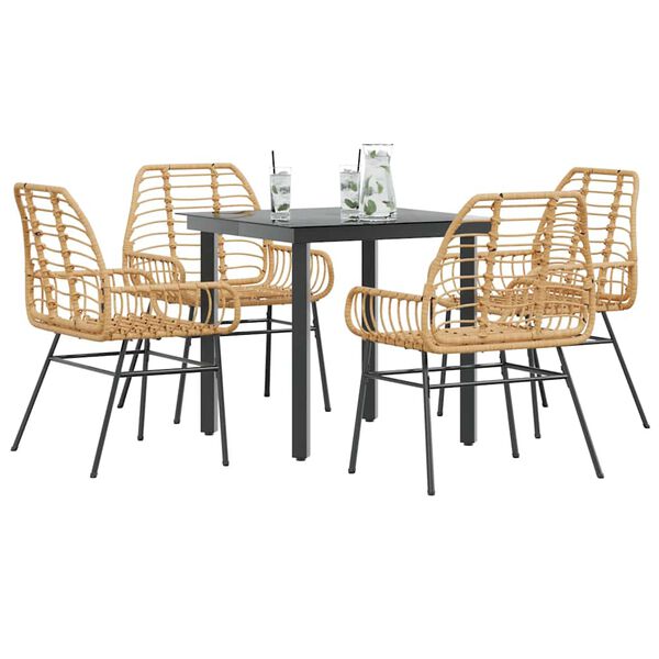 vidaXL 5 Piece Garden Dining Set Brown Poly Rattan Glass