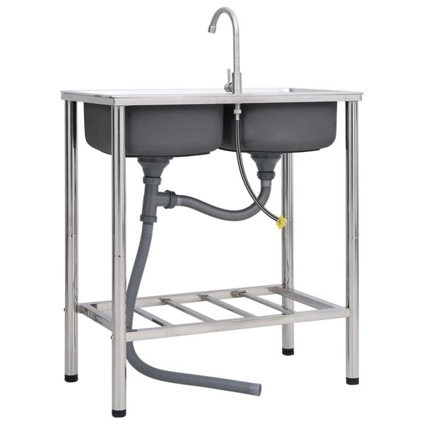 vidaXL Camping Sink Double Basins with Tap Stainless Steel
