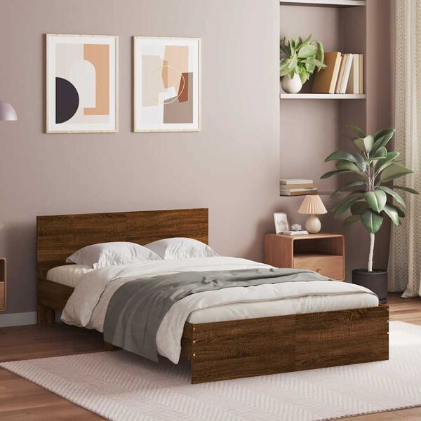 vidaXL Bed Frame with Headboard and LED Brown Oak 140x200 cm