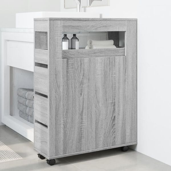 vidaXL Narrow Bathroom Cabinet with Wheels Grey Sonoma Engineered Wood