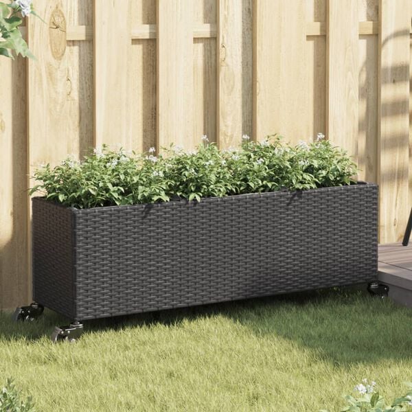 vidaXL Garden Planter with Wheels and 3 Pots Black 107x32x38 cm Poly Rattan