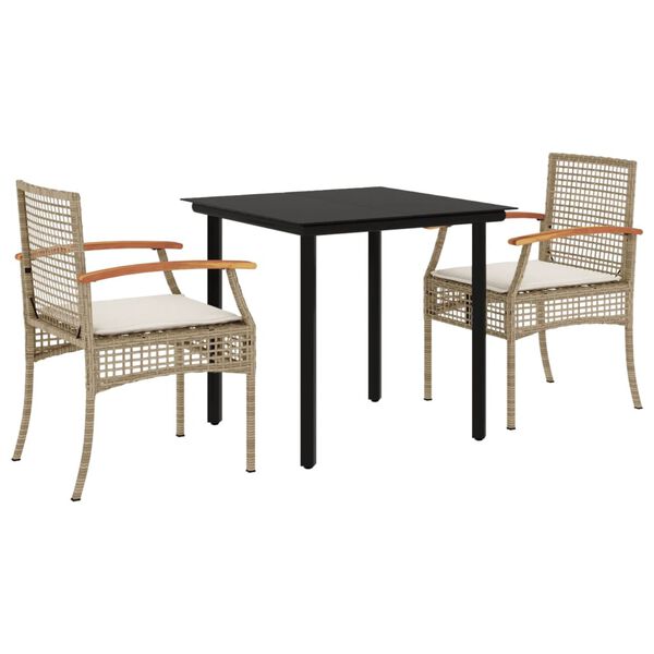 vidaXL 3 Piece Garden Dining Set with Cushions Beige Poly Rattan