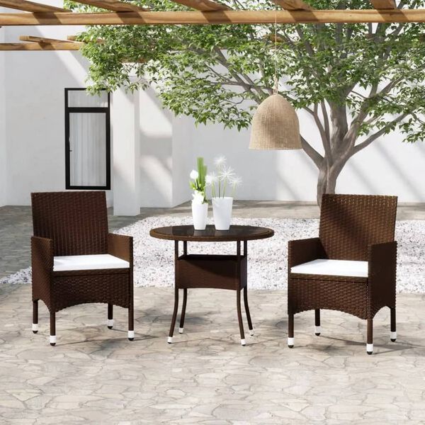 vidaXL 3 Piece Garden Bistro Set Poly Rattan and Tempered Glass Brown