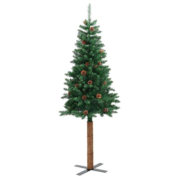 vidaXL Slim Christmas Tree with Real Wood and Cones Green 180 cm PVC