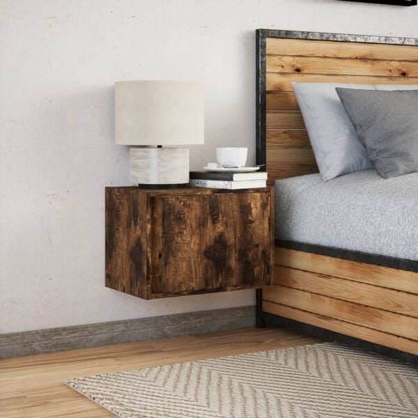 vidaXL Wall-mounted Bedside Cabinet with LED Lights Smoked Oak