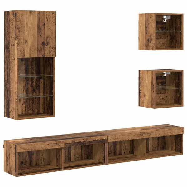 vidaXL TV Wall Units with LED 5 pcs Old Wood Engineered Wood