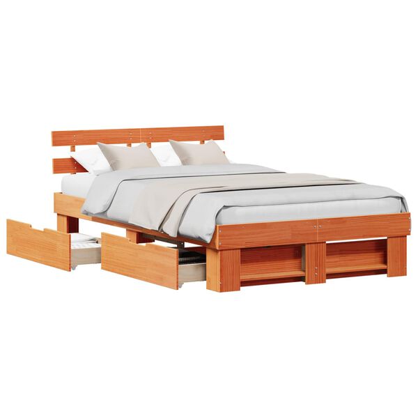 vidaXL Bed Frame with Headboard Wax Brown 135 x 190 cm Solid Pine Wood