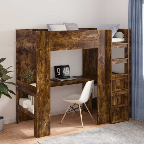 vidaXL Loft Bed Frame with Desk Smoked Oak 80 x 200 cm Engineered Wood