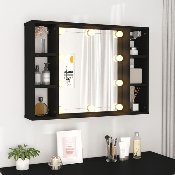 vidaXL Mirror Cabinet with LED Black 76x15x55 cm