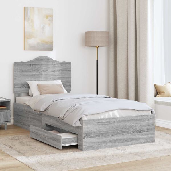 vidaXL Bed Frame with Drawer Grey Sonoma 90 x 200 cm Engineered Wood