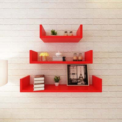 3 Red MDF U-shaped Floating Wall Display Shelves Book/DVD Storage