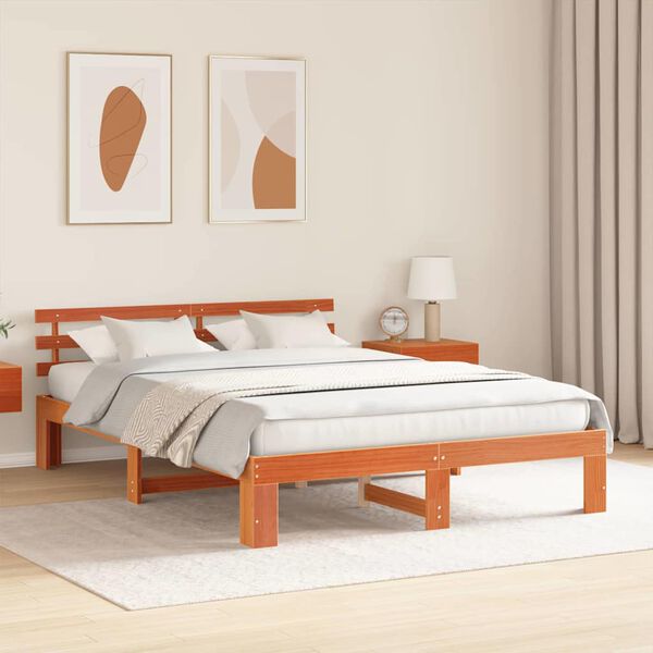 vidaXL Bed Frame with Headboard Wax Brown 140 x 200 cm Solid Pine Wood