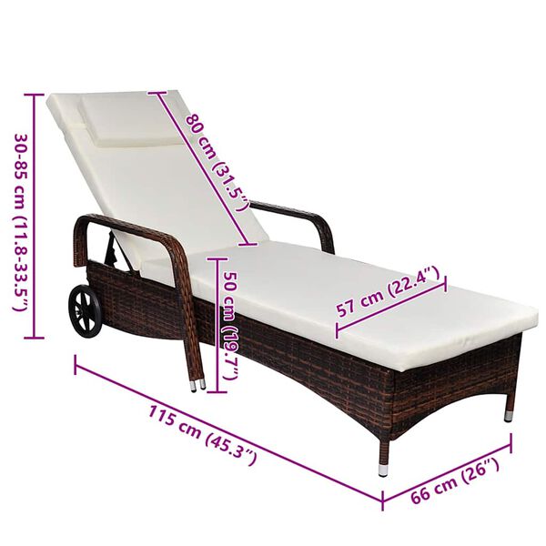 vidaXL Sun Lounger with Wheels Poly Rattan Brown