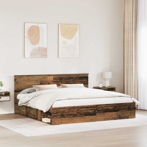 vidaXL Bed Frame with Headboard Old Wood 200 x 200 cm Solid Pine Wood