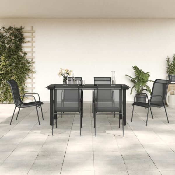 vidaXL 7 Piece Garden Dining Set Black Steel and Textilene
