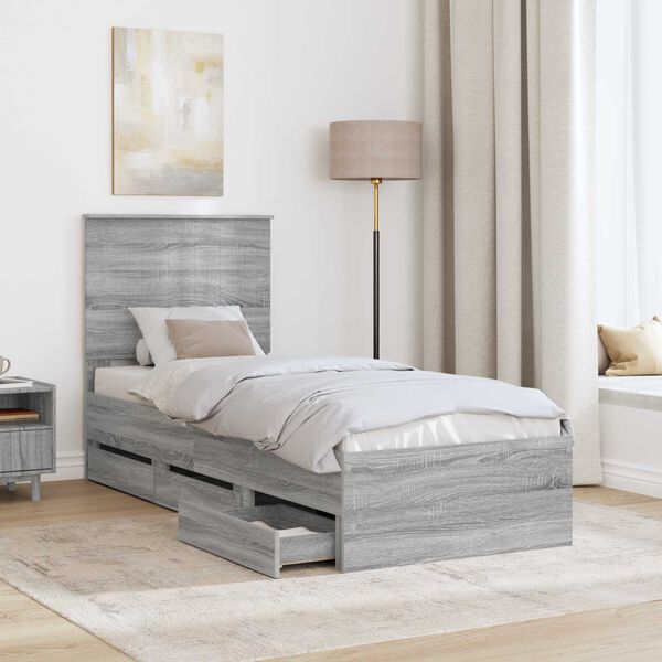 vidaXL Bed Frame with Drawer Grey Sonoma 75 x 190 cm Engineer Wood