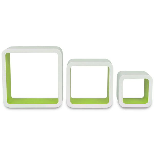 3 White-green MDF Floating Wall Display Shelf Cubes Book/DVD Storage