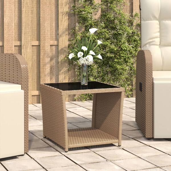 vidaXL Tea Table with Glass Top Beige Poly Rattan&Tempered Glass