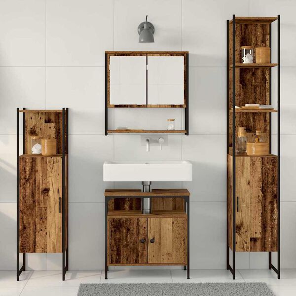 vidaXL Bathroom Furniture Set with Door 4 pcs Old wood Engineered wood