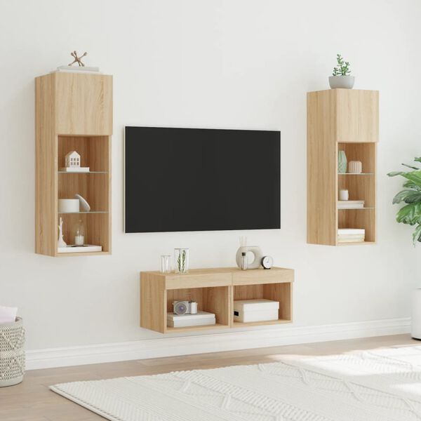 vidaXL 4 Piece TV Wall Cabinets with LED Lights Sonoma Oak
