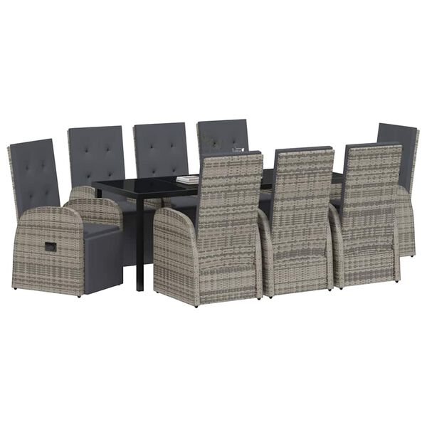 vidaXL Garden Dining Set with Cushion 9 pcs Grey Poly Rattan