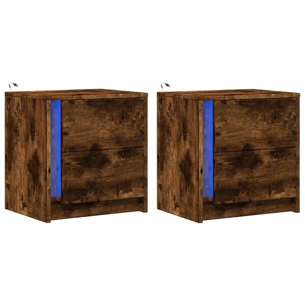 vidaXL Bedside Cabinets with LED Lights 2 pcs Smoked Oak Engineered Wood