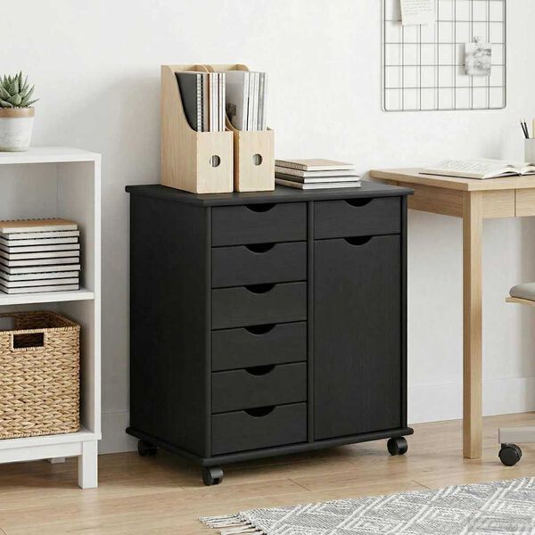 vidaXL Rolling Cabinet Black 63.5 x 39 x 65.5 cm Solid Pine Wood