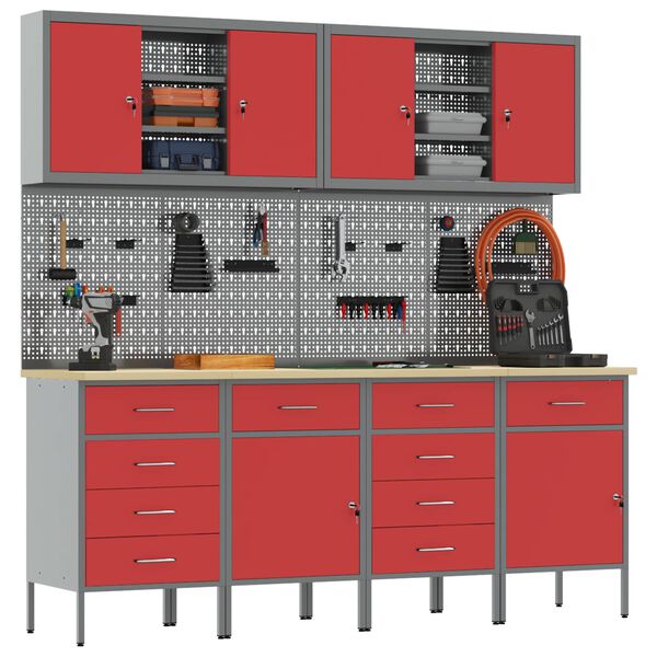 vidaXL Work Cabinet with Drawer 10 pcs Red Engineered Wood and Steel