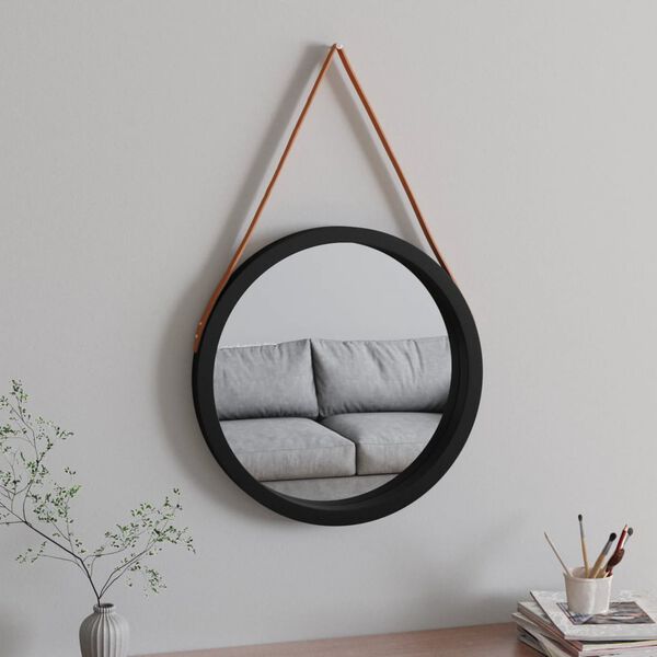 vidaXL Wall Mirror with Strap Black &Oslash; 55 cm