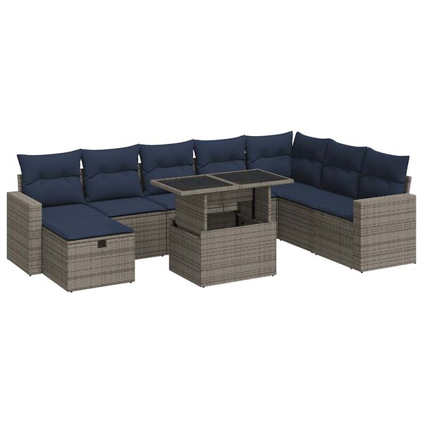 vidaXL 9 Piece Garden Sofa Set with Cushions Grey Poly Rattan