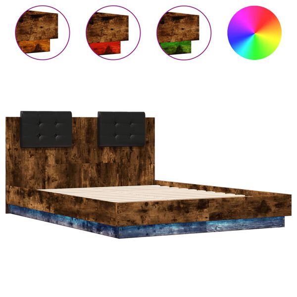 vidaXL Bed Frame with LED without Mattress Smoked Oak 120x190 cm Small Double