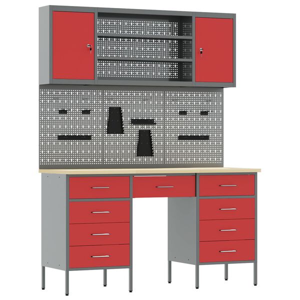 vidaXL Work Cabinet with Drawer with Lock 7 pcs Red 150 x 55 x 200 cm