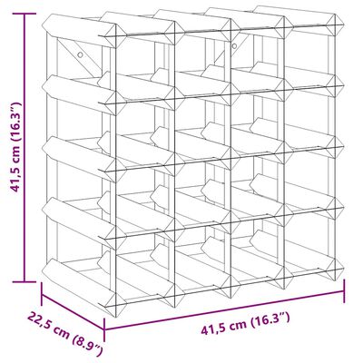Wireframe technical drawing of the wine rack with overall dimensions labeled.
