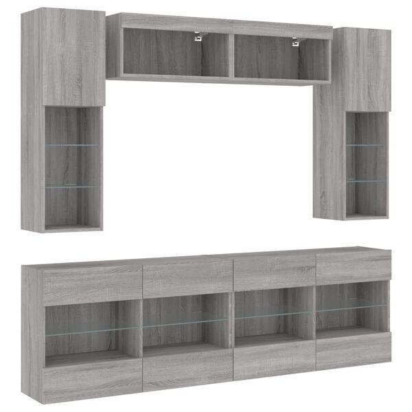 vidaXL 6 Piece TV Wall Cabinet Set with LED Lights Grey Sonoma