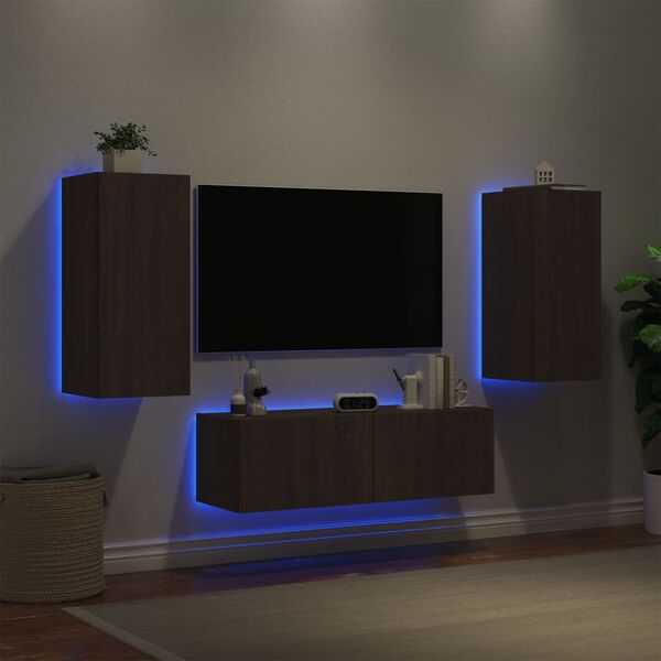 vidaXL 3 Piece TV Wall Cabinets with LED Lights Brown Oak